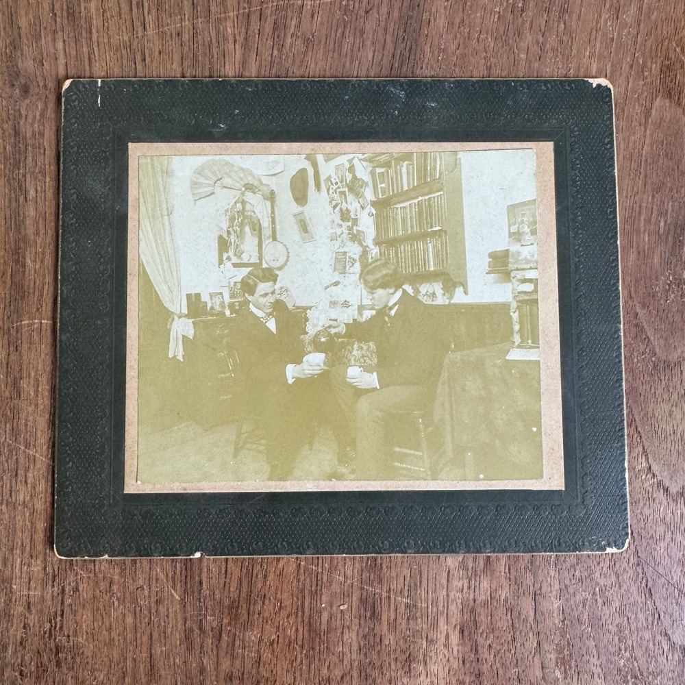 Antique daguerreotype Snapshot Photograph two men having tea sitting‎ at table